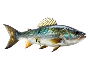 Striking fish with scales of silver, blue, gold. Dorsal fin is upright, tail fin fan-like, mouth slightly open