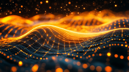 A storm of digital particles coalesces into a floating geometric sculpture, glowing and dynamic. The hyperrealistic scene symbolizes technology, creativity, and the formation of order from digital cha