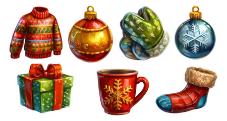 Fototapeta premium Colorful Hand-Drawn Christmas Ornaments and Sweater Collection on Transparent Background