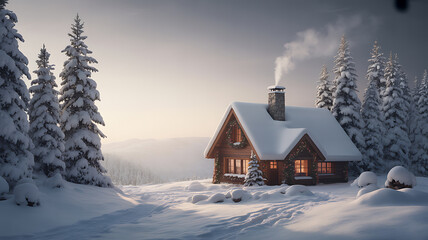 Fototapeta premium Snow-covered wooden cabin in a winter forest with smoke rising from the chimney