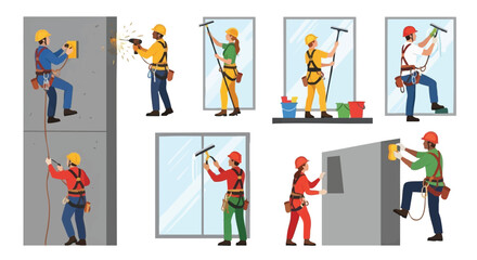 A collection of illustrations depicting window cleaners and construction workers performing their jobs with safety equipment.