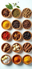 Fototapeta premium A vibrant array of global spices and herbs arranged in wooden bowls, showcasing rich colors and texturesfrom turmeric and cumin to star anise and chili flakesperfect for culinary inspiration or spice 