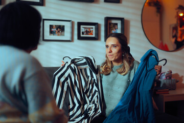 Puzzled Woman Asking her Friend What to Wear. Undecided lady trying to find something to wear at a...