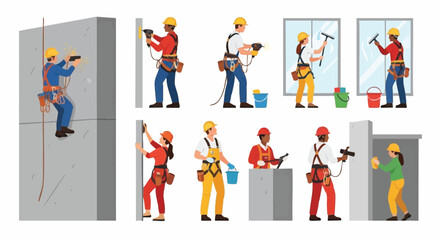Diverse construction workers performing various tasks, including climbing, drilling, and cleaning windows, in a vector illustration.