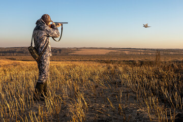  Man hunter takes aim at a ringneck pheasant as it takes flight.