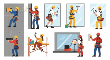 Diverse construction workers performing various tasks, including electrical work, window cleaning, and wall installations, showcasing teamwork and professional skills.