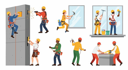Diverse construction workers performing various tasks, including window cleaning, drilling, and working on building facades, in a vector illustration.