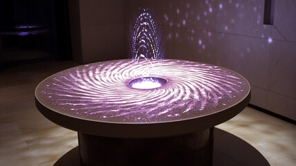 A digital growth spiral projection hovers above a table, forming luminous swirling lines that symbolize progress, expansion, analytics, and futuristic data visualization in a sleek setting.
