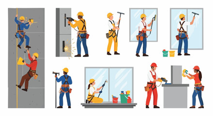 Naklejka premium A diverse collection of professional window cleaners and construction workers performing various tasks, showcasing their expertise and safety.