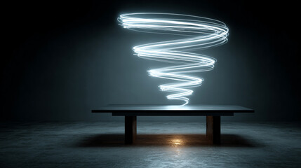 A digital growth spiral projection hovers above a table, forming luminous swirling lines that symbolize progress, expansion, analytics, and futuristic data visualization in a sleek setting.
