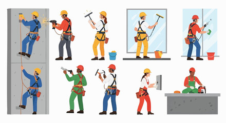 Naklejka premium Diverse construction workers performing various tasks, including window cleaning, drilling, and wall repair, in a safe and professional manner.