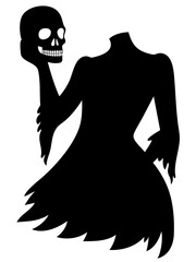 Headless ghostly figure holding skull in hand, flowing halloween spirit with torn dress