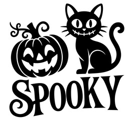 Black cat with stitched grin sitting beside smiling pumpkin and word spooky