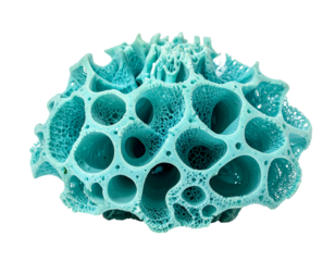 Porous teal structure with irregular edges and interconnected holes against a black background, illuminated evenly