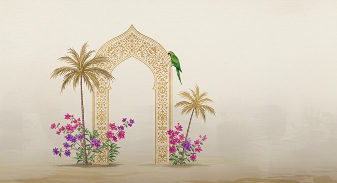 Traditional Mughal Wedding Invitation: Arch, Palm Tree, Bougainvillea, Parrot Design