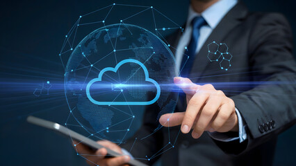 Sophisticated businessman innovating cloud computing solutions with modern digital interface, connecting global networks for secure data and technology synergy