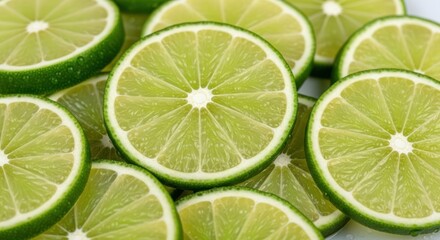 shot showcases several vibrant green lime slices, cut into perfect rounds with their distinctive segmented interiors visible, creating a fresh, appealing, and refreshing visual appeal against a...