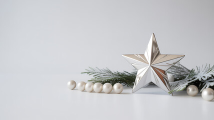 Silver star ornament with white pearls and evergreen branches on a light background