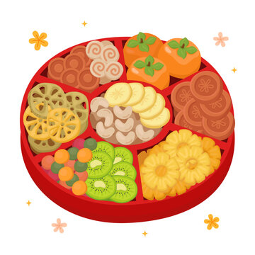 Lunar New year candy box, vietnamese or chinese new year candy box. Festive box with dried fruits, sweets and cookies. Delicious dessert, traditional treat. Mut Tet. 
