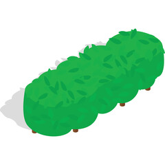 Green dense hedge with visible branches and dark shadow on white background isolated graphic illustration