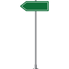 Green directional signpost with a metallic pole and a white background displaying a leftward arrow shape indicating direction or information on a clean isolated surface