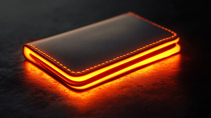 A digital wallet glows in the dark, casting vibrant light. The hyperrealistic scene symbolizes futuristic finance, digital currency, security, and the evolving landscape of money in a connected world.
