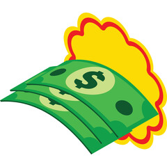 Green Dollar Bills With Yellow and Red Cloud Shape Border On Transparent Background