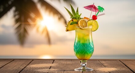 Focuses on the indulgent side of summer vacation. Ideal for beverage industry, travel brochures, or hospitality marketing, suggesting luxury and tropical escape.