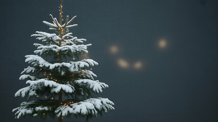 Snow-covered evergreen tree illuminated with warm lights against a dark night sky