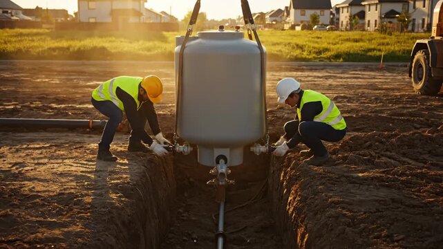 Septic Tank Installation Construction Workers Plumbing Underground System