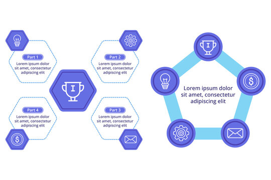 Infographic presenting clear set of visual components outlining process. Hexagons and circles showcasing different parts and key ideas related to topic