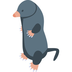 A gray mole with pink paws and a long snout stands upright against a transparent background showcasing its fuzzy fur and small tail in a detailed illustration