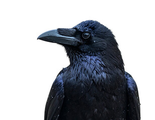 Fototapeta premium Portrait of a black bird facing left, with a wet appearance against a dark background, cropped