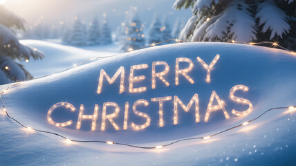 Merry Christmas message displayed in glowing lights on a snowy hill in a winter landscape