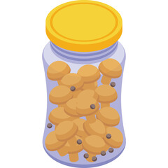 A Glass Jar Filled With Small Yellow Mushrooms And Dark Peppercorns On A Transparent Background With A Gold Lid