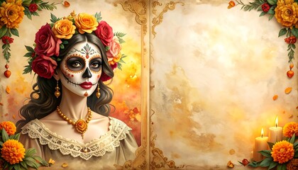 Elegant La Catrina portrait with roses and gold ornaments on vintage parchment background