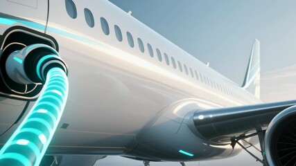 Electric airplane e fuel refueling with glowing cable airport terminal, modern futuristic jet runway foggy morning, sustainable aviation clean energy - Powered by Adobe