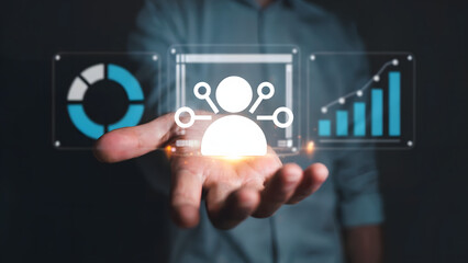 Innovative businessman displaying data insights and network connections, forecasting future growth with advanced analytics, driving business intelligence strategies