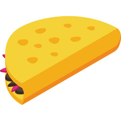 A Golden Yellow Taco with Dark Brown Filling and Purple Accents Set Against a Transparent Background in a Realistic Isometric View