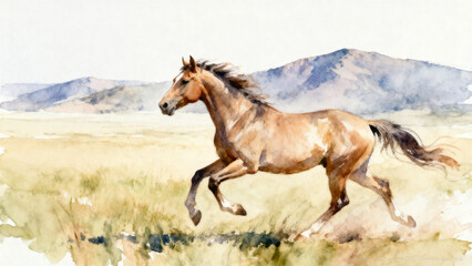 Obraz premium Running horse in grassland with mountains