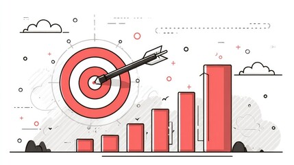 Business goal achievement concept in flat line vector style showing dart hitting the target and progress bar increasing