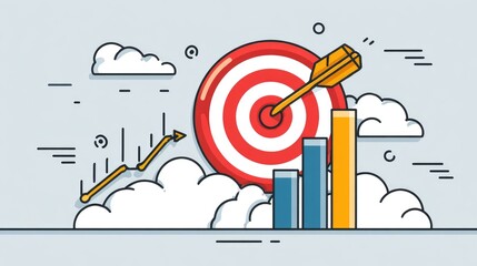 Business goal achievement concept in flat line vector style showing dart hitting the target and progress bar increasing