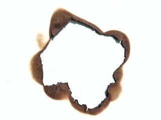 Close up of a paper burned hole on white background. Burnt paper. Fire burn black mark and paper scorch detail.