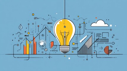 Flat line vector of creative business idea generation, featuring light bulb, charts, and communication lines