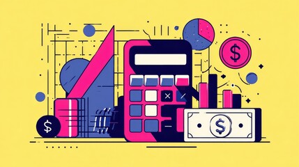 Minimal line style illustration of business finance management with calculator, money symbols, and graph elements