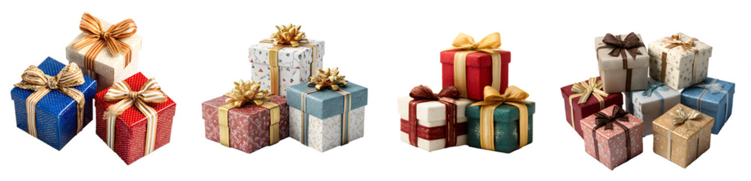multiple gift boxes isolated on white background, colorful presents cut out transparent png
