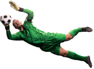 Goalkeeper's Leap: A goalkeeper in mid-air, fully extended in a vibrant display of athleticism, reaching for the soccer ball, showcasing dedication and athleticism.