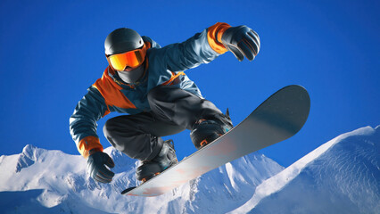 Plakat Snowboarder jumps in mid-air under blue sky, created AI