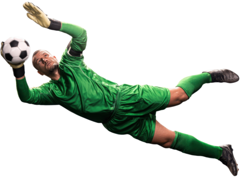 Goalkeeper's Leap: A goalkeeper in mid-air, fully extended in a vibrant display of athleticism, reaching for the soccer ball, showcasing dedication and athleticism.