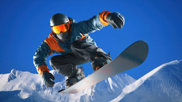 Snowboarder jumps in mid-air under blue sky, created AI